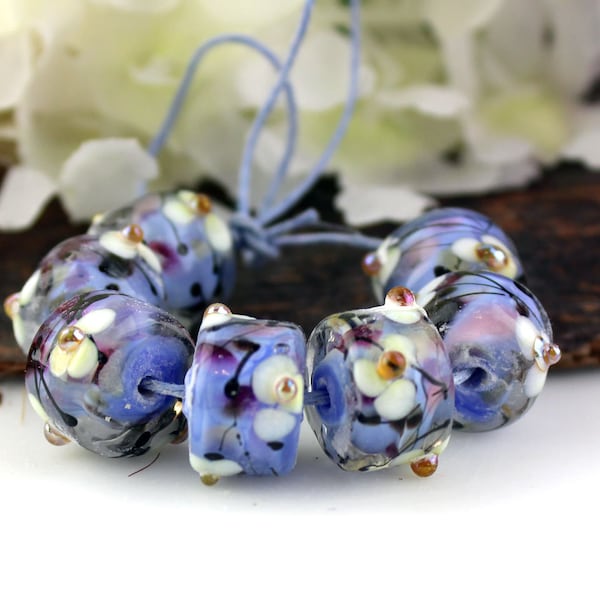 SRA Handmade lampwork beads "Purple & white with gold" VINTAGE BLOOM series barrel drops rollo bead set