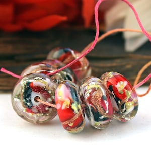 SRA Handmade lampwork beads &quot;&quot;Queens Gambit&quot; encased silvered goldstone organic discs pair