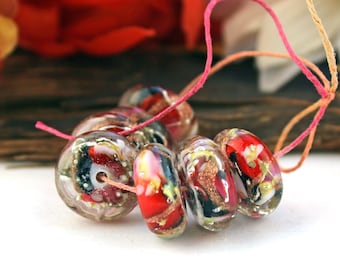 SRA Handmade lampwork beads ""Queens Gambit" encased silvered goldstone organic discs