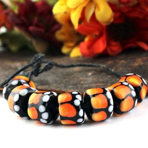 SRA Handmade lampwork beads &quot;Orange & pumpkin&quot; BUTTERFLY series barrel drop rollo bead set