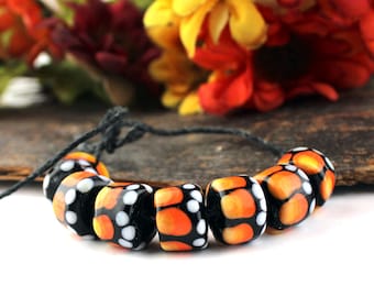 SRA Handmade lampwork beads "Orange & pumpkin" BUTTERFLY series barrel drop rollo bead set