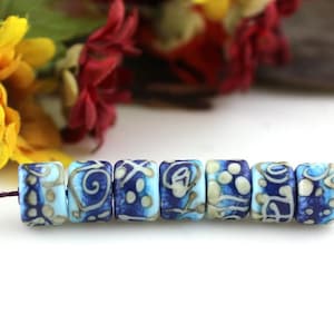 Etched Lampwork Beads: Sky Blue Batik Enamel Barrel Beads (Set of 7)