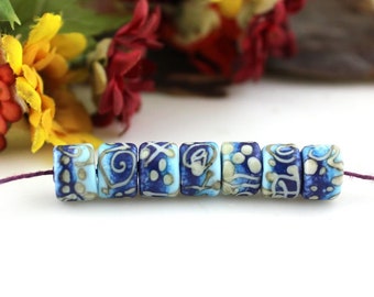 PrairieGirl SRA handmade lampwork beads "Sky blue & navy w/ivory" BATIK series abstract ETCHED enameled barrel rollo beads pair