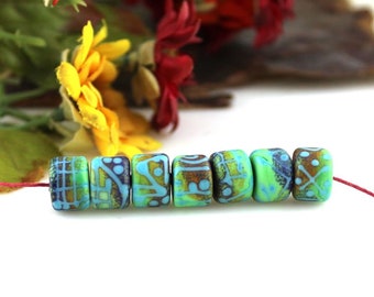 PrairieGirl SRA handmade lampwork beads "Nile green & lt turquoise" BATIK series abstract ETCHED enameled barrel rollo beads