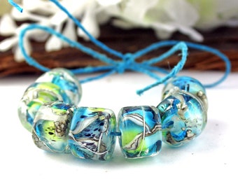 SRA Handmade lampwork beads "Aqua & lime"  MARBLED series encased barrel drum rollo bead pair