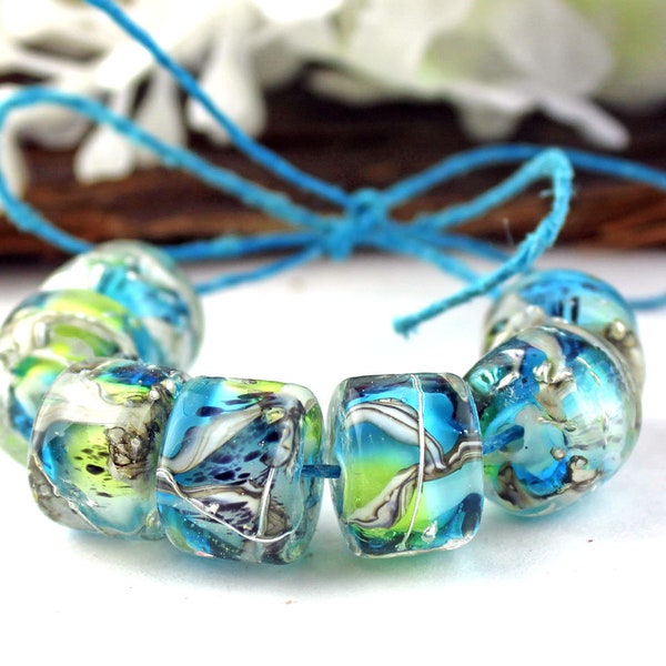 SRA Handmade lampwork beads "Aqua & lime"  MARBLED series encased barrel drum rollo bead pair