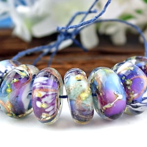 SRA Handmade lampwork beads ""Violet treasure" encased silvered goldstone organic discs pairs