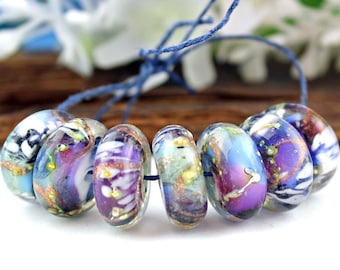 SRA Handmade lampwork beads ""Violet treasure" encased silvered goldstone organic discs pairs