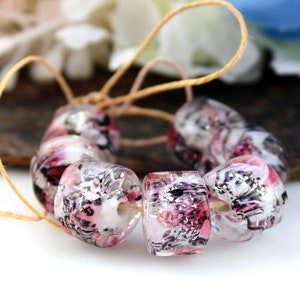 SRA Handmade lampwork beads "Gold pink and rose quartz" marbled quartz series encased silver mica barrel drum rollo bead pair
