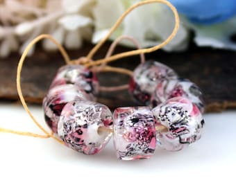 Handmade Lampwork Barrel Beads: Gold Pink Rose Quartz Silver Mica Pair
