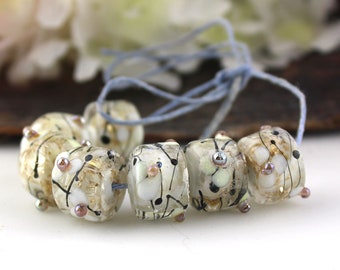 SRA Handmade lampwork beads "White & gold mica w/pink gold luster" VINTAGE BLOOM series floral encased barrel drops rollo bead pair