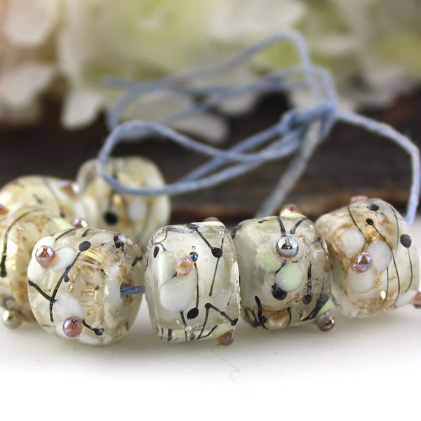SRA Handmade lampwork beads "White & gold mica w/pink gold luster" VINTAGE BLOOM series floral encased barrel drops rollo bead set