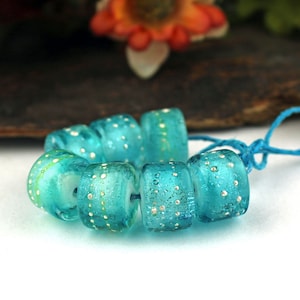 Handmade Teal Lampwork Beads: Silvered Dichroic Glass Barrel Pair