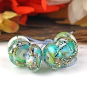 SRA Handmade lampwork beads &quot;&quot;Sea Nymph&quot; encased silvered goldstone organic discs pairs
