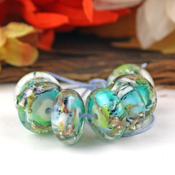 SRA Handmade lampwork beads ""Sea Nymph" encased silvered goldstone organic discs pairs