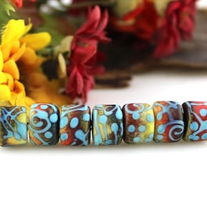 Handmade Lampwork Beads: Etched Batik Scroll Barrel Drops