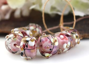 SRA Handmade lampwork beads "Pink & white with gold" VINTAGE BLOOM series barrel drops rollo bead set