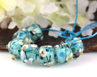 SRA Handmade Lampwork Beads: Aqua Blue Vintage Bloom Barrel Drops Pair