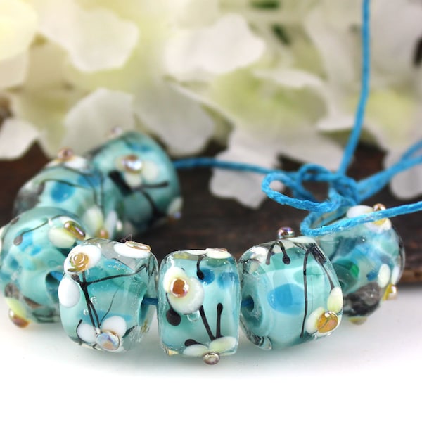 SRA Handmade lampwork beads "Blue, aqua & white with gold" VINTAGE BLOOM series barrel drops rollo bead set