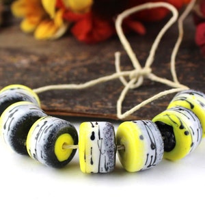 Handmade Lampwork Barrel Bead Set: Yellow, Black, White Enamel (7)