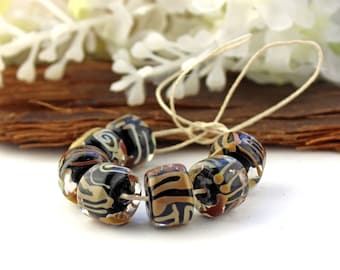 PrairieGirl SRA handmade lampwork beads "Coffee & Cream" organic scroll deco encased barrel drops