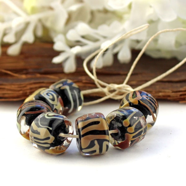 PrairieGirl SRA handmade lampwork beads "Coffee & Cream" organic scroll deco encased barrel drops