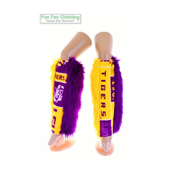 LSU Tigers Game Day Booties, College Game Day Apparel, Tailgating Boots, Fur Leg Warmers, Purple and Yellow Striped Leggings, College Gift