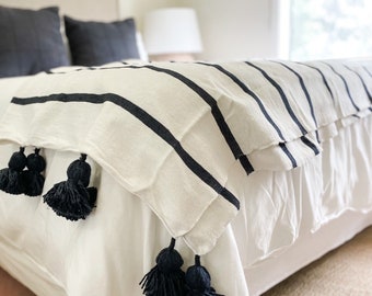 Navy Stripe Moroccan Pom-Pom Blanket