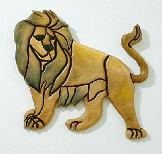 Lion Wood Sculpture African Wall Art Animal Intarsia
