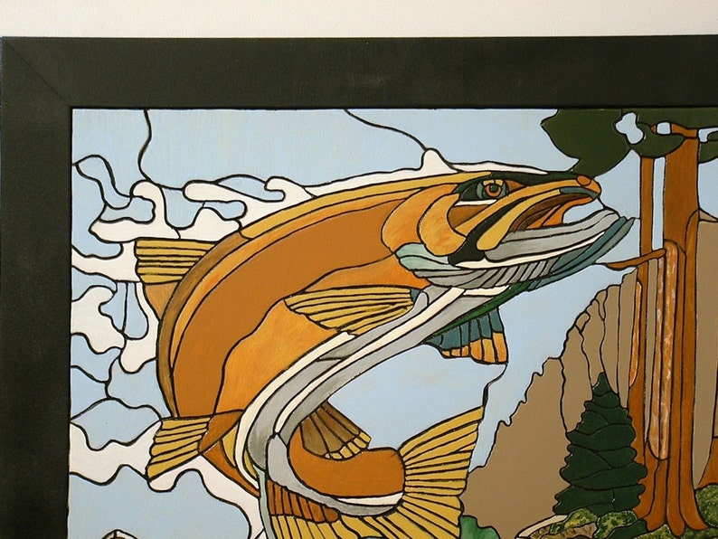 Salmon Wood Wall Art Rustic Wall Decor Intarsia Wood Art Etsy