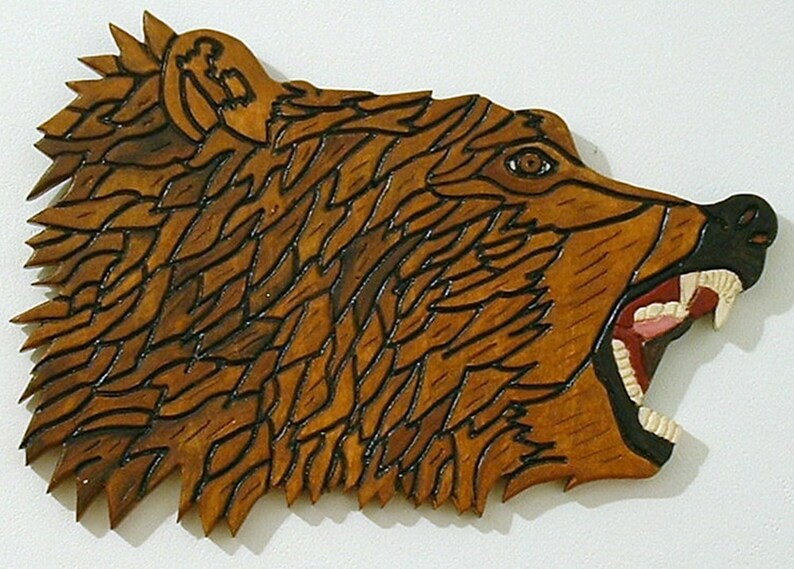 Wood Sculpture Bear Animal Wall Art Intarsia Grizzly Bear Etsy