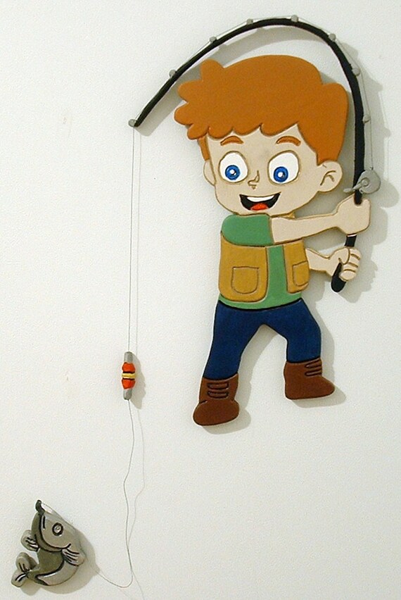 Little Boy Fishing Wood Sculpture Wall Hanging Wood Wall Etsy