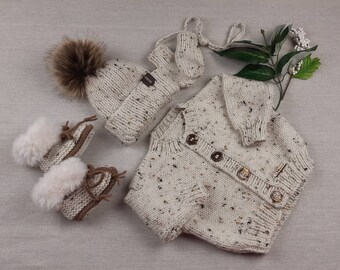 Made to order, complete set in wool sock style with jacket, toque with pompom, ankle boots and thumbless mittens