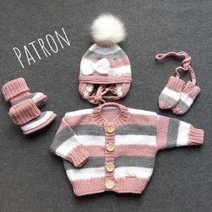 Knitting pattern for jacket, toque, ankle boots and mittens from birth to 12 months in French