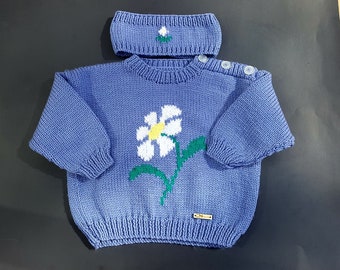 Ready to ship- Set for girl 12-18 months including blue waistcoat with daisy and headband.