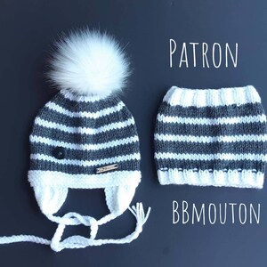 Pattern gray and white striped tuque with ear warmer and neck warmer from birth to 24 months in French