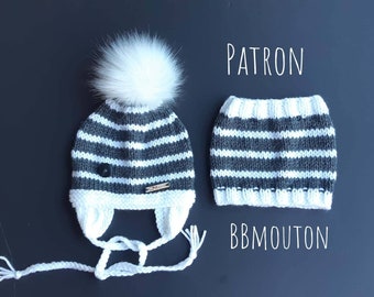 Patron tuque rayé gris et blanc avec cache-oreille  et cache-cou de la naissance à 24 mois en Français