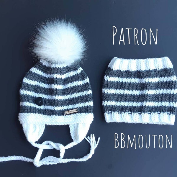 Patron tuque rayé gris et blanc avec cache-oreille  et cache-cou de la naissance à 24 mois en Français