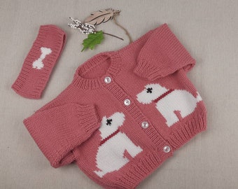 Ready to ship - Pink set for girl 12-18 months including pink jacket with dogs and headband.