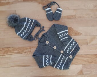 Made to order, complete gray and white set including jacket, earmuffs and pompom toque as well as thumbless mittens