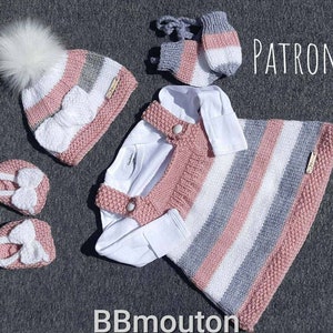 Knitting pattern for jacket, toque, ankle boots and mittens from birth to 12 months in French language