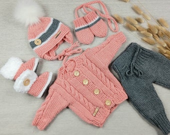 Made to order, complete set in pink, gray and white. Includes jacket, pants, toque with pompom, ankle boots and thumbless mittens