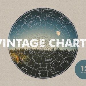 Op de afbeelding: Vintage sterrenkaart ontwerp met een bos scène op de achtergrond. De kaart is zwart-wit met een blauwe lucht en een witte maan. De tekst "Vintage Charts" is in witte letters op een zwarte achtergrond. Het nummer 12 is in witte letters op een blauwe cirkel met het woord "Designs" eronder.