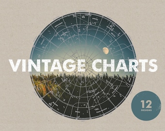 12 Vintage Charts. Vector & PNG resources. Digital download. Art, print, t-shirts, merchandise. Zodiac, stars, planets, circle, moon, space.