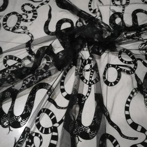 Black Mesh Fabric, Flocked Velvet Serpent Print, Non-Stretch 58-Inch Width