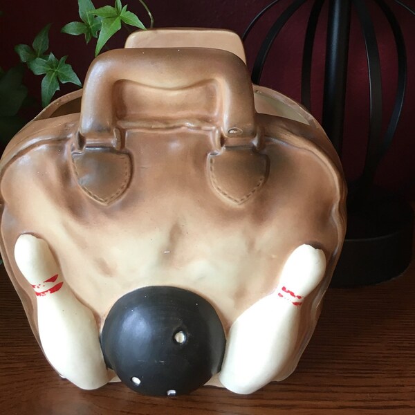 Vintage bowling bag and ball planter. Remote organizer. Man Cave accessory. Bowling accessory. Sports Decor. Reading Glass Holder.