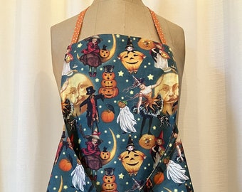 Halloween Vintage Apron. Premium Reversible w/pockets. Extra-long ties, one step adjust. Womens Apron, Pumpkin, Cats, Moon, Ghosts..