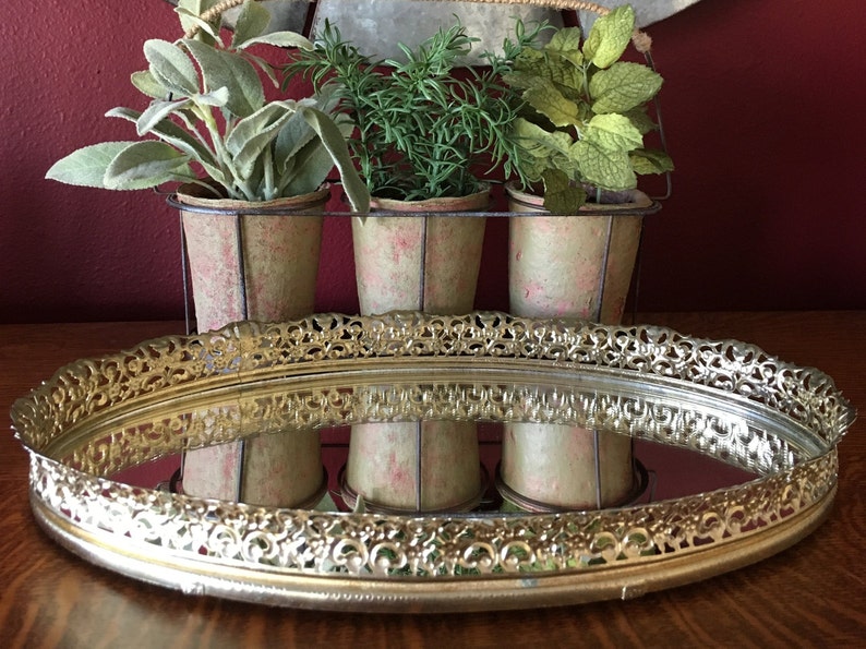 Vintage Gold Filigree Vanity Mirror Tray Wedding Accessories Formal Decor Photo Shoot Bedroom