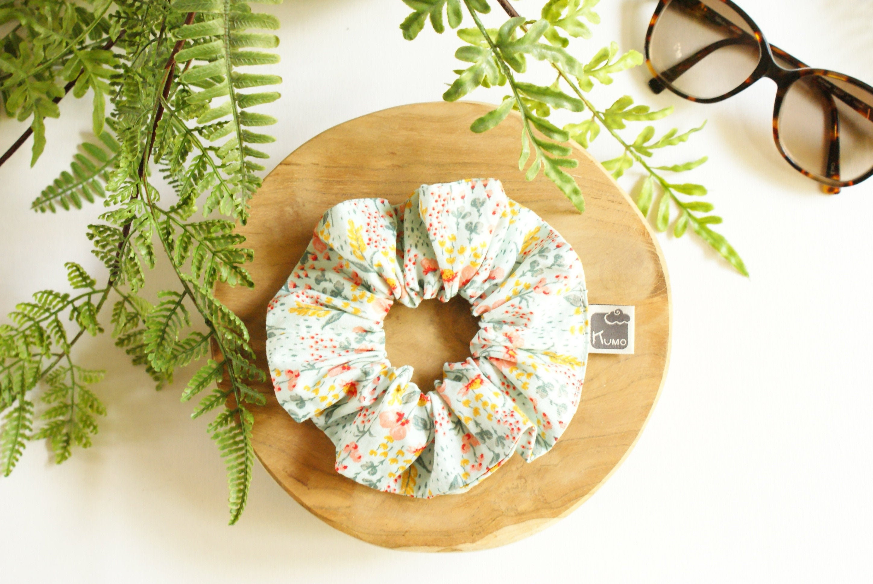 Chouchou Scrunchy For Cotton Hair Bio Mint Flower Patterns Etsy Israel