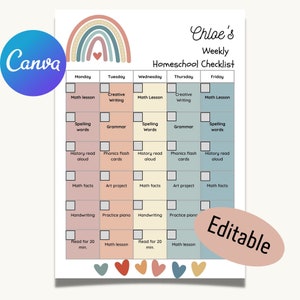 Editable Weekly Homeschool Checklist | Rainbow Boho Homeschool | Printable Schedule | Colorful Schedule | Homeschool Rainbow Planner
